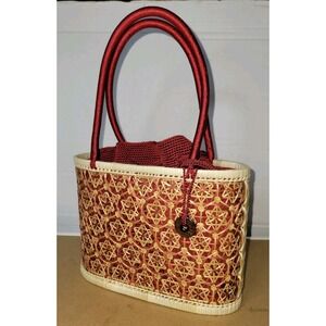 The Sak Purse Wicker Basket Drawstring Handbag Tote Red Threading Trim Liner Bag